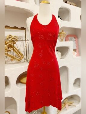 Y2K Vintage Red Halter Dress with Curved Handkerchief Hem and Red Glitter Design